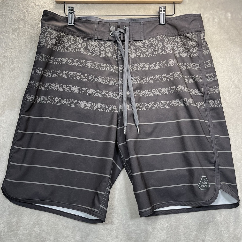 Prana board shorts swim trunks black gray striped men's size 34